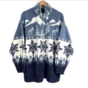 VTG 90s Alps Fleece Jacket L Moose Snowflake Fair Isle AOP Oversized Christmas